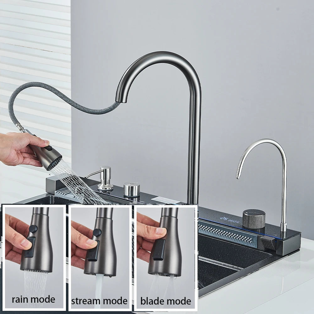 304 Stainless Steel Waterfall Kitchen Sink with Digital Display