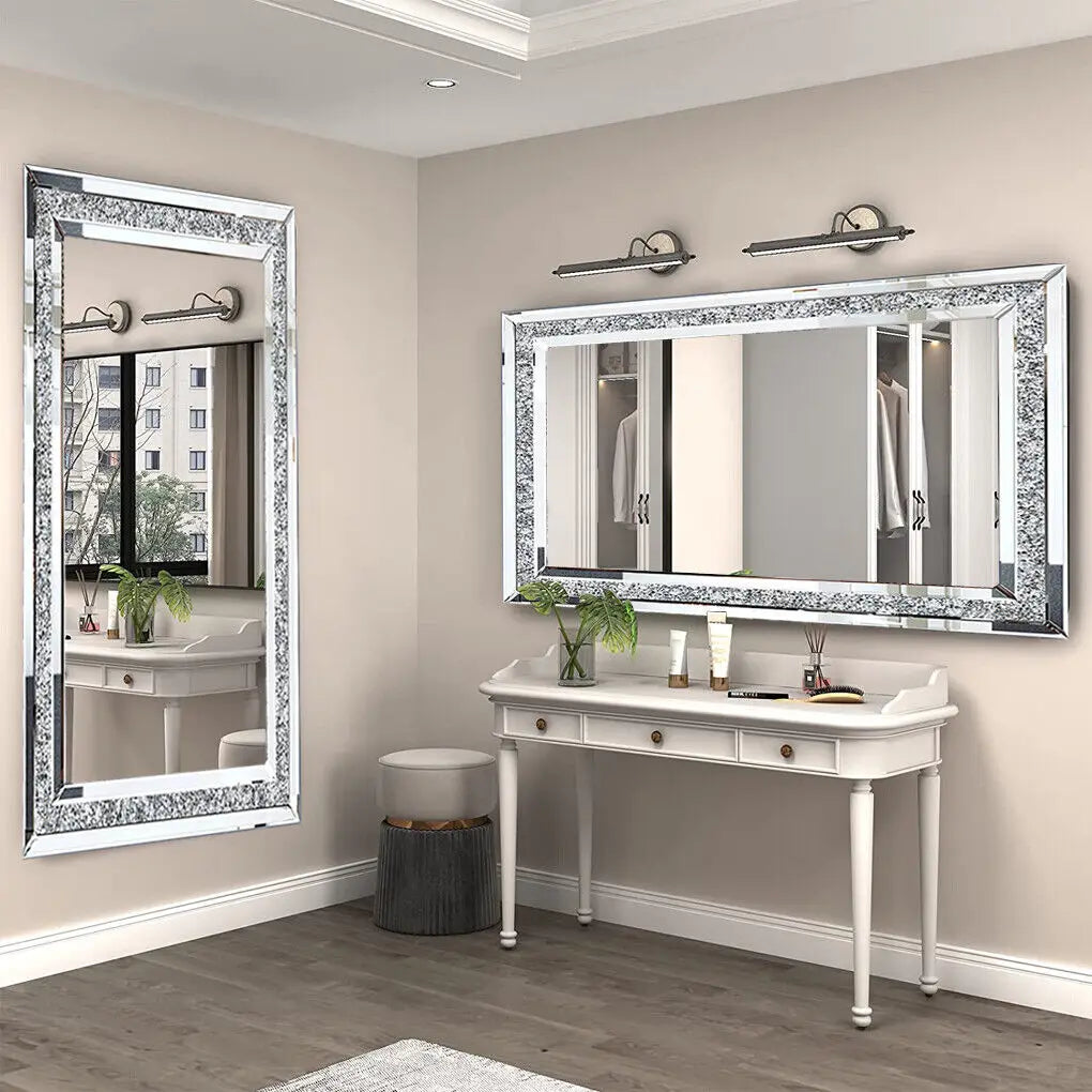 Large Silver Crushed Diamond Wall Mirror, Sparkly Crystal Vanity & Dressing Mirror, 120 x 60 cm