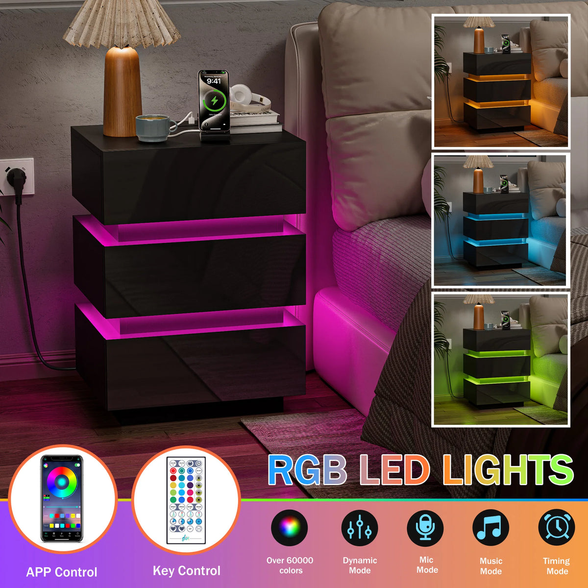 3 Drawer Bedside Table with LED Light & Power Outlets