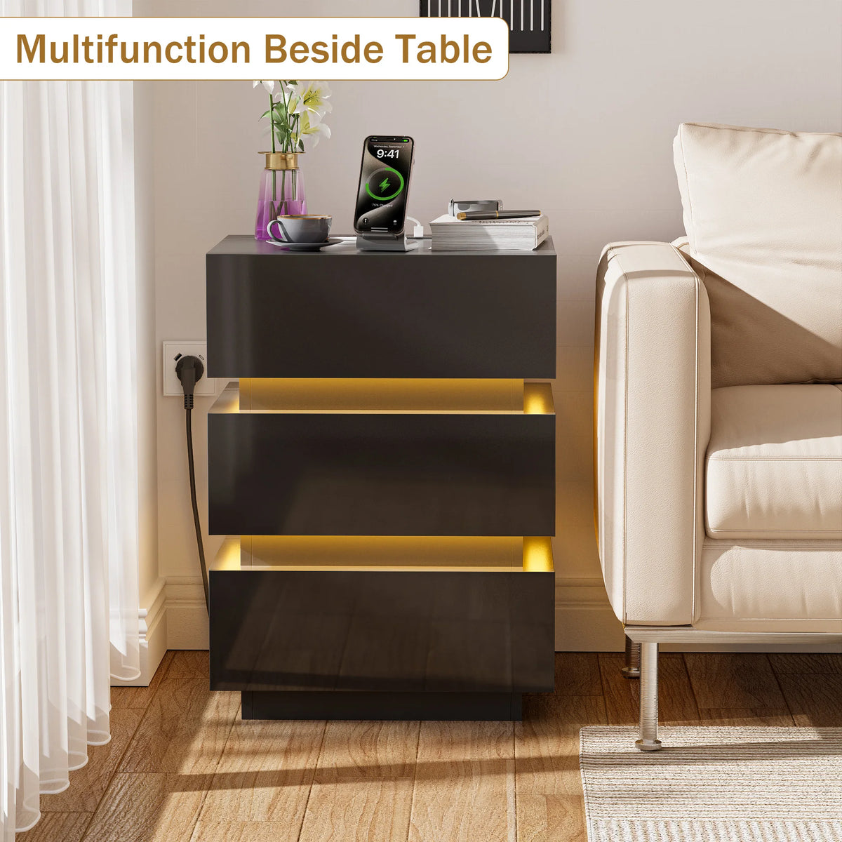 3 Drawer Bedside Table with LED Light & Power Outlets