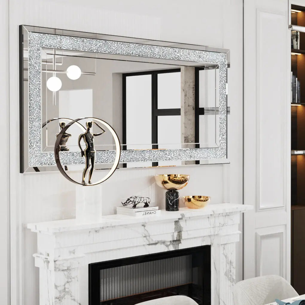 Large Silver Crushed Diamond Wall Mirror, Sparkly Crystal Vanity & Dressing Mirror, 120 x 60 cm