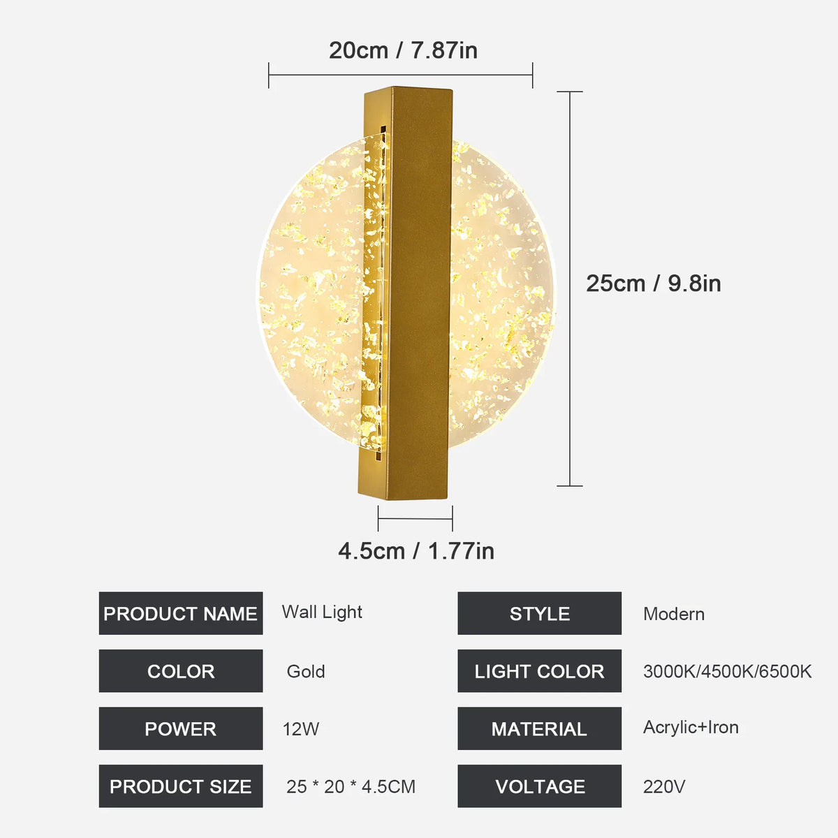 Modern Gold Foil Round LED Wall Sconce | 12W 3-Colour Dimmable | Luxury Decor