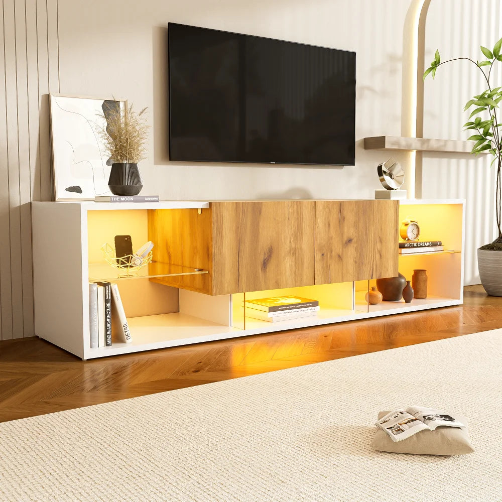 Ye TV Stand with 2 Drawers, LED Media Console Sideboard, 160 x 40 x 42cm, Wood & White, for 70 Inch TV