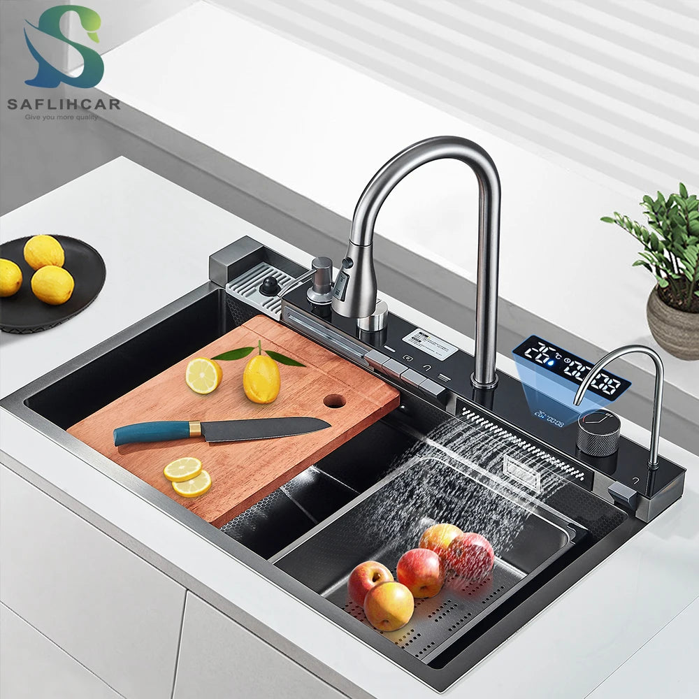 304 Stainless Steel Waterfall Kitchen Sink with Digital Display