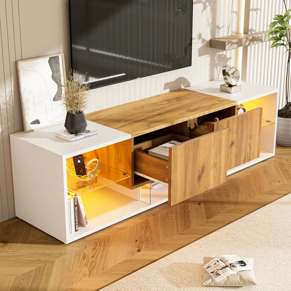 Ye TV Stand with 2 Drawers, LED Media Console Sideboard, 160 x 40 x 42cm, Wood & White, for 70 Inch TV