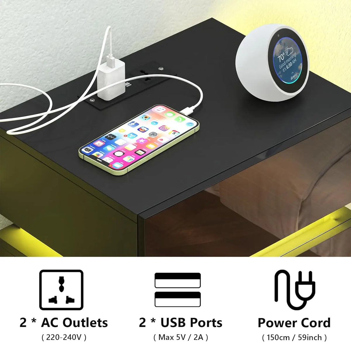 3 Drawer Bedside Table with LED Light & Power Outlets