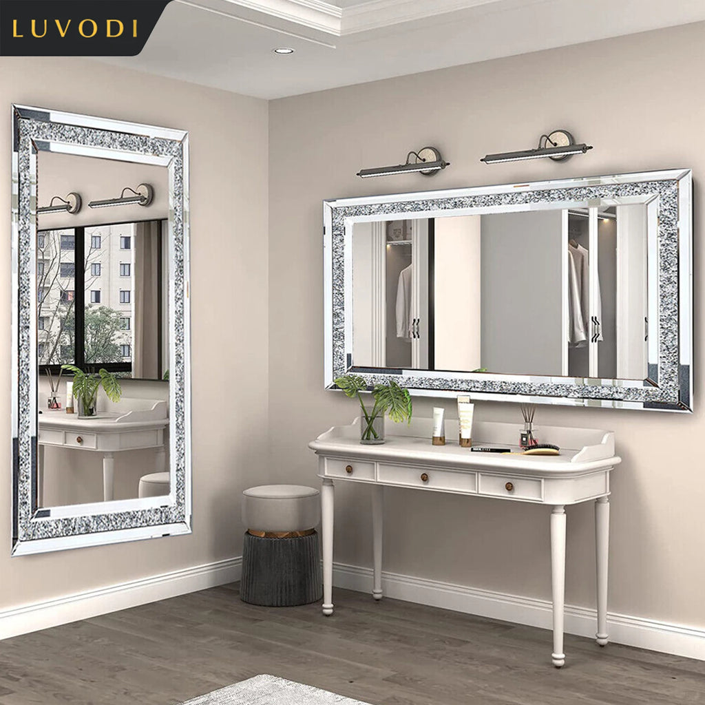 Large Silver Crushed Diamond Wall Mirror, Sparkly Crystal Vanity & Dressing Mirror, 120 x 60 cm
