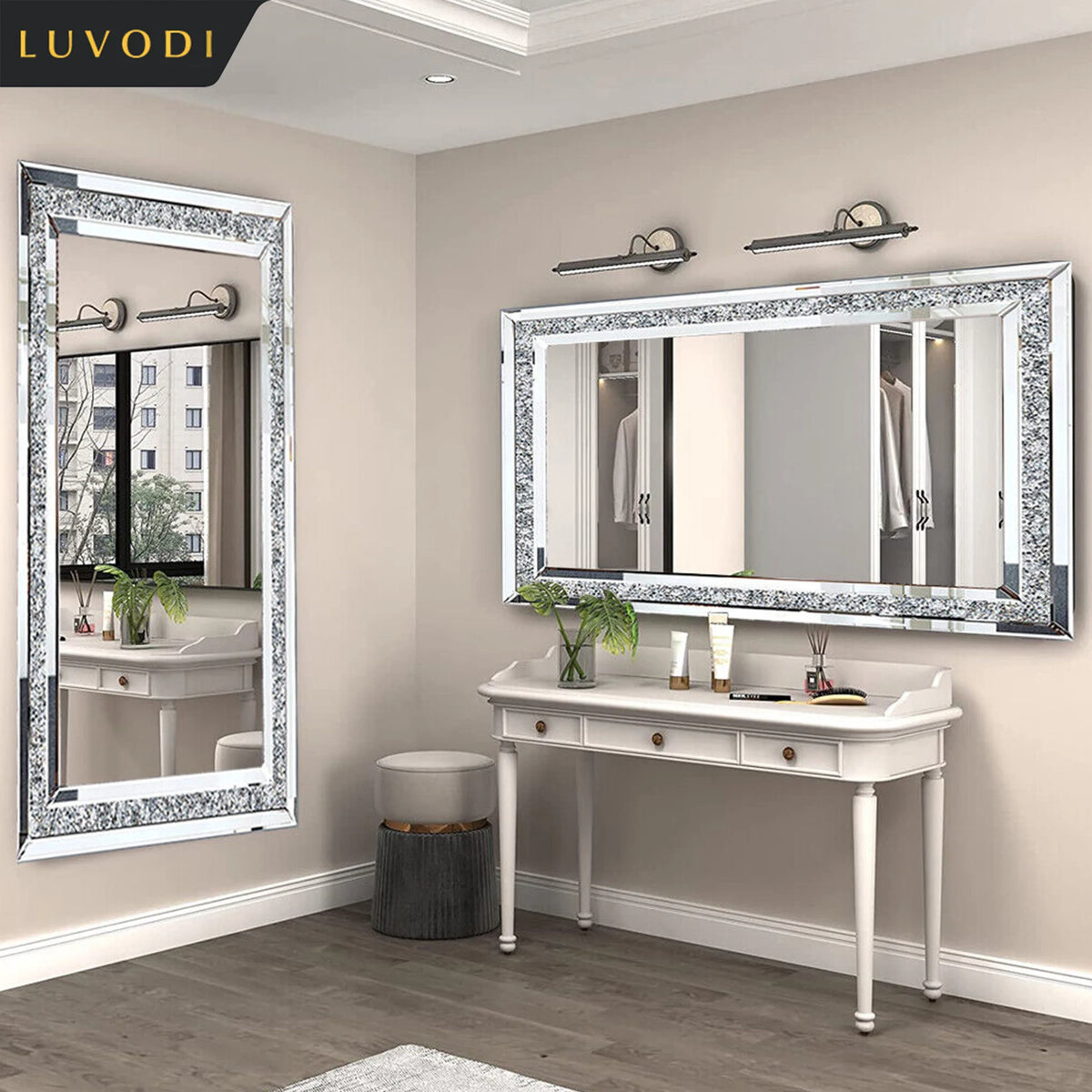 Large Silver Crushed Diamond Wall Mirror, Sparkly Crystal Vanity & Dressing Mirror, 120 x 60 cm