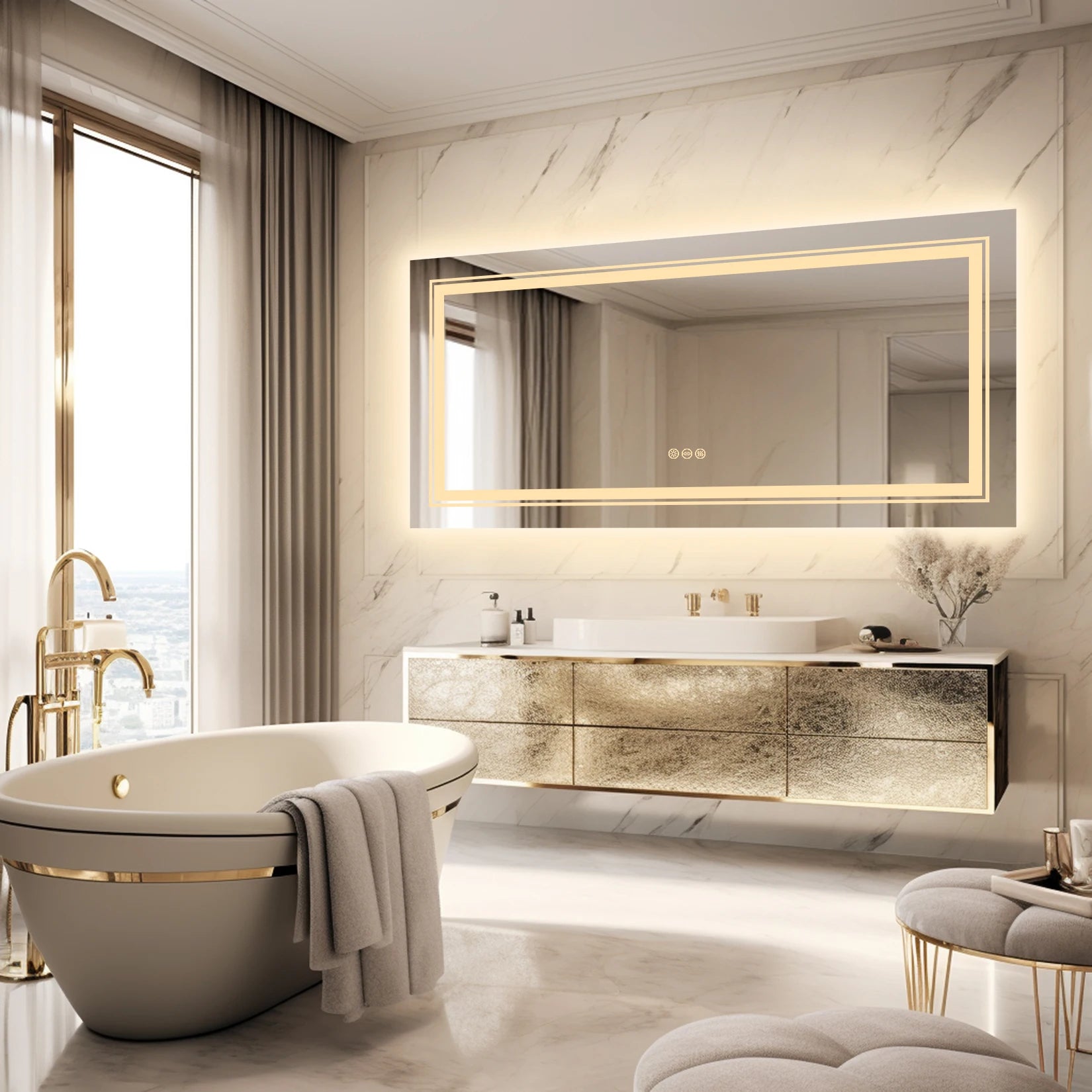 Large Rectangle LED Bathroom Mirror – Dimmable, Anti-Fog, Backlit & Front-Lit