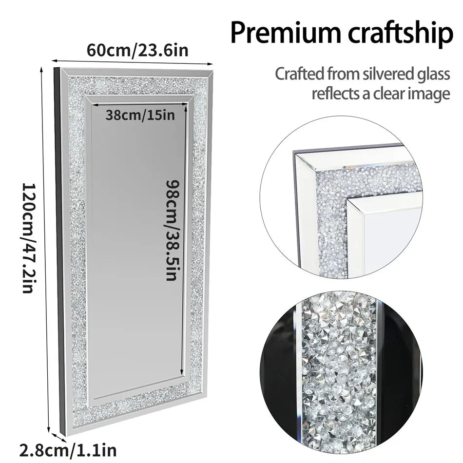 Large Silver Crushed Diamond Wall Mirror, Sparkly Crystal Vanity & Dressing Mirror, 120 x 60 cm