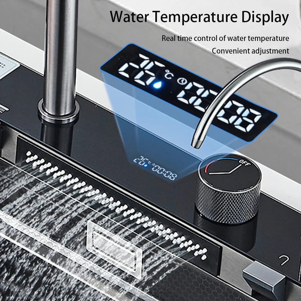 304 Stainless Steel Waterfall Kitchen Sink with Digital Display