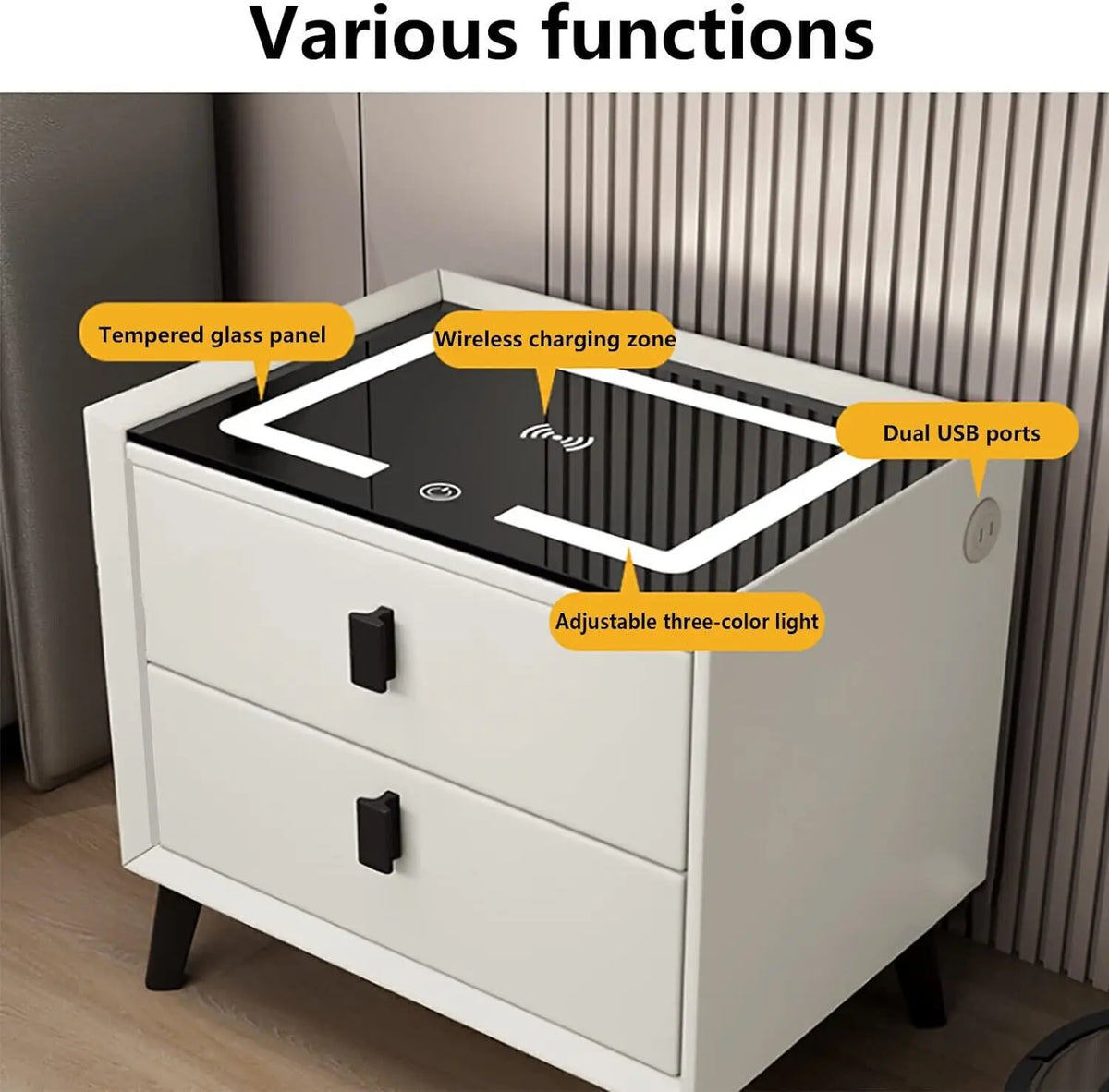 Smart LED Bedside Table with Wireless Charging & 2 Drawers