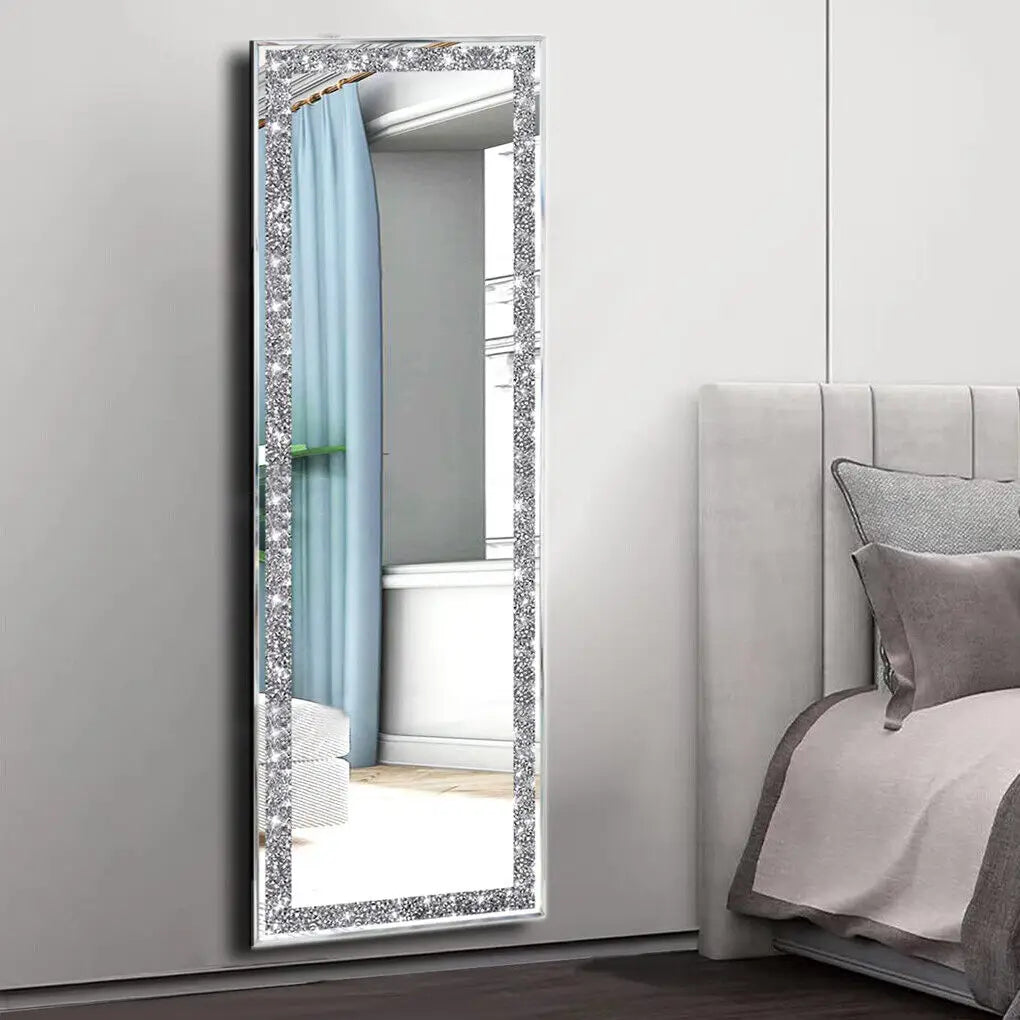 Large Silver Crushed Diamond Wall Mirror, Sparkly Crystal Vanity & Dressing Mirror, 120 x 60 cm