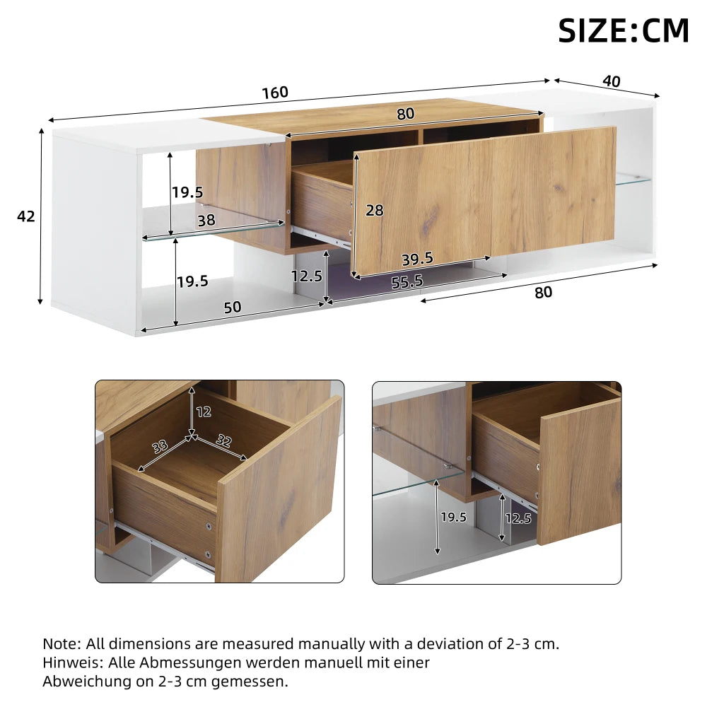 Ye TV Stand with 2 Drawers, LED Media Console Sideboard, 160 x 40 x 42cm, Wood & White, for 70 Inch TV