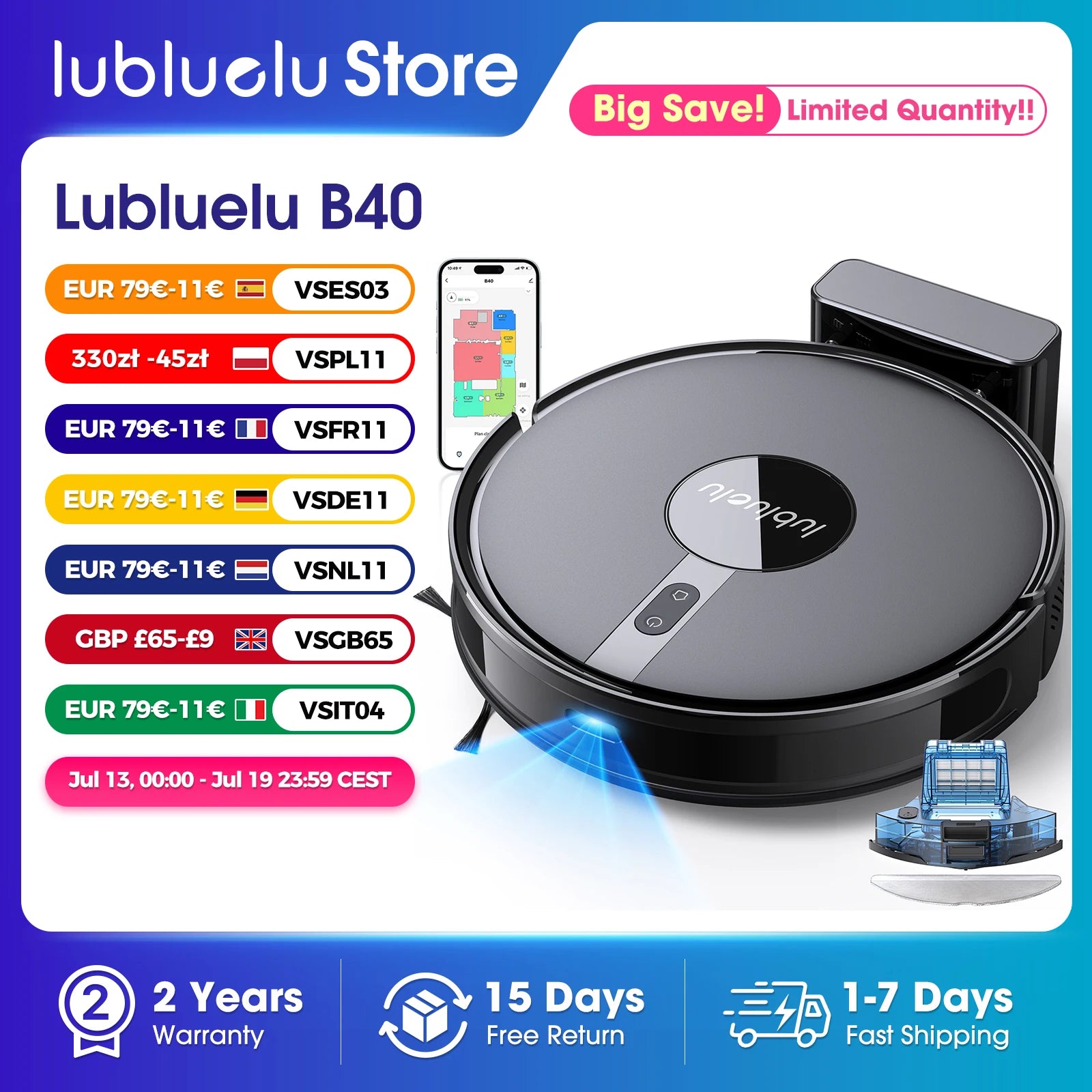 Lubluelu B40 Robot Vacuum & Mop | 7500Pa Suction, Smart Mapping, App Control