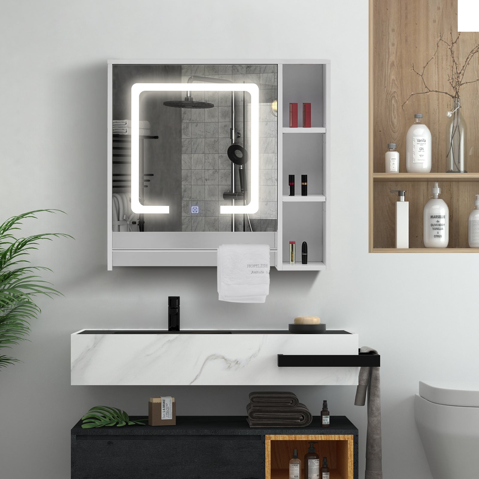 Tavion LED Mirror Cabinet | 1 Door | 3 Shelves + 2 Hidden | Touch Control | White