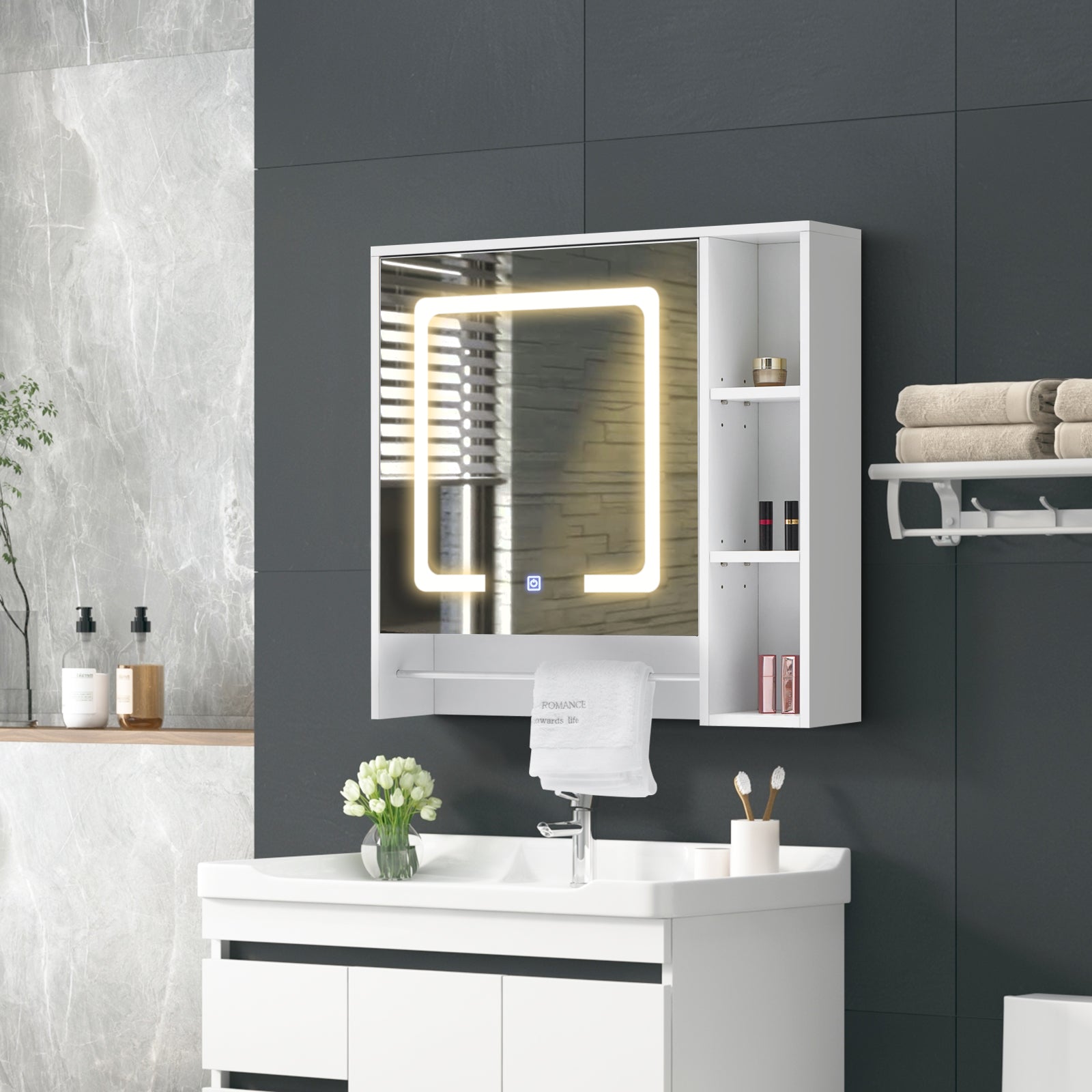 Tavion LED Mirror Cabinet | 1 Door | 3 Shelves + 2 Hidden | Touch Control | White