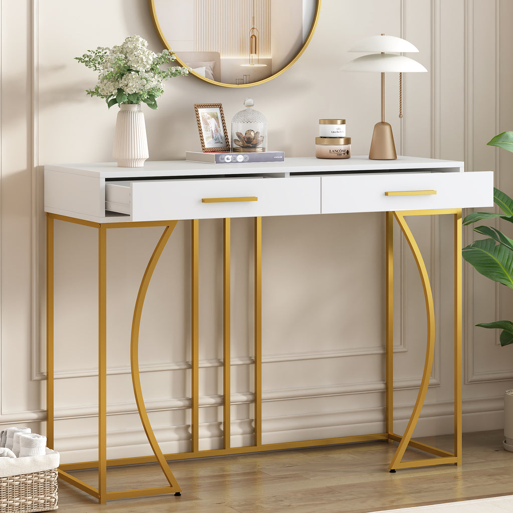 Luxury White & Gold Console Table with 2 Drawers 110cm