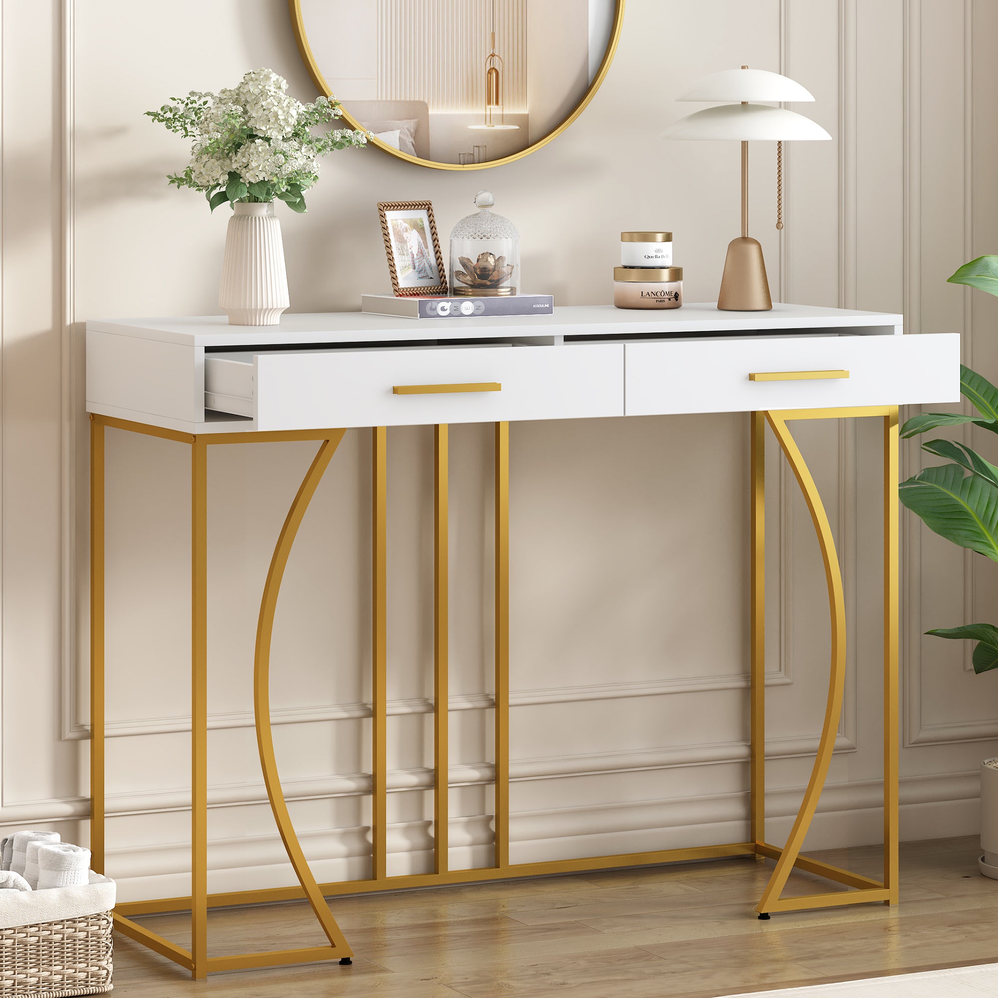 Luxury White & Gold Console Table with 2 Drawers 110cm