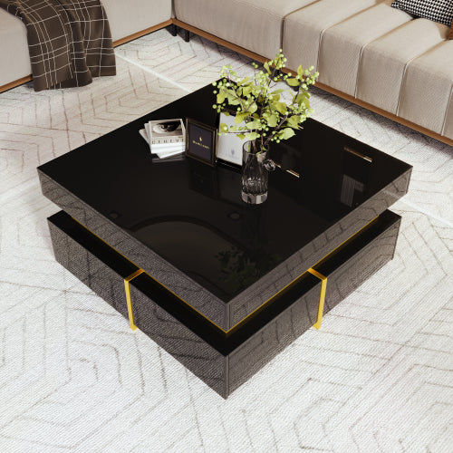 Luxury High-Gloss Coffee Table with Gold Accents & Drawers