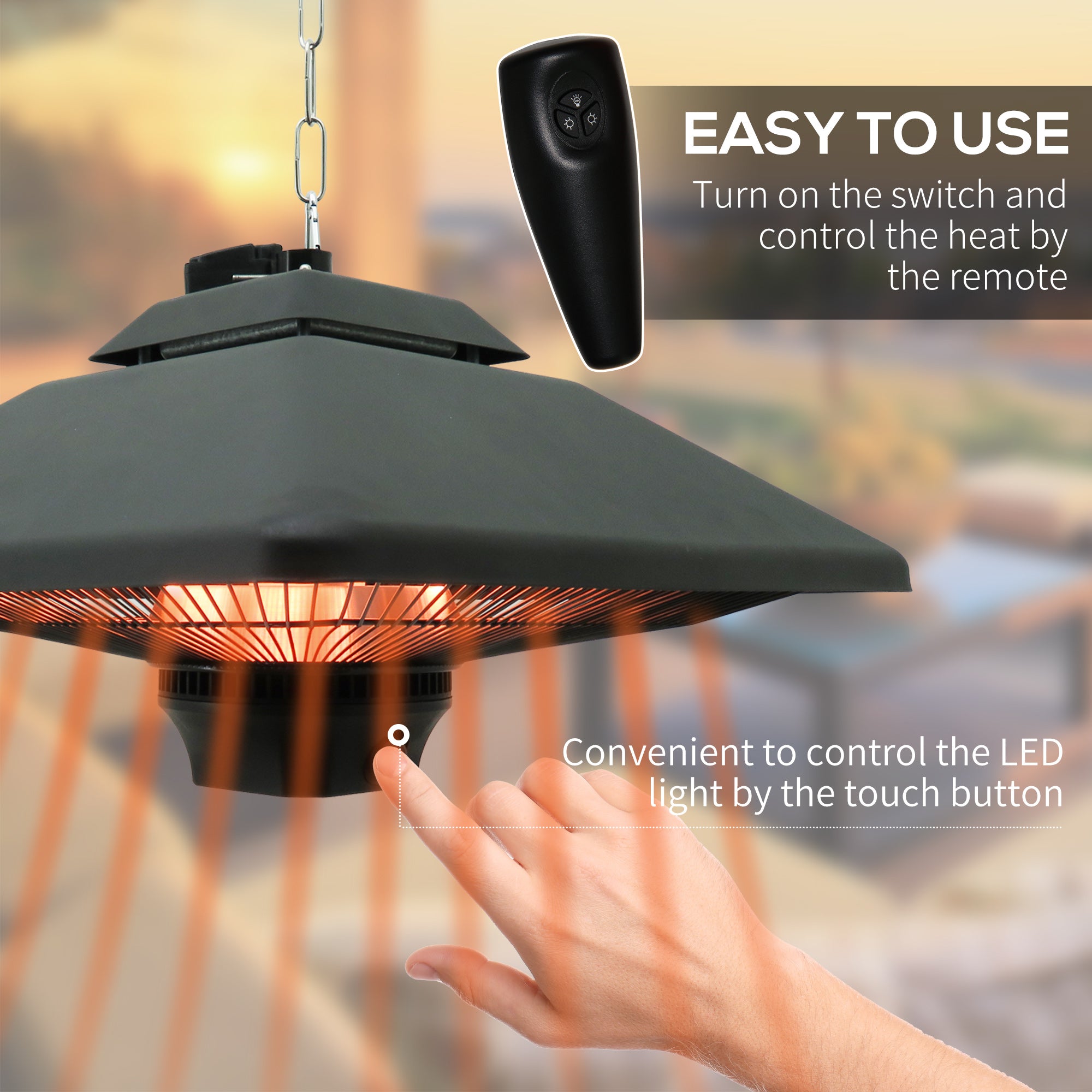 Hanging Patio Heater | 2000W Electric | Remote Control | Adjustable Heat | Black