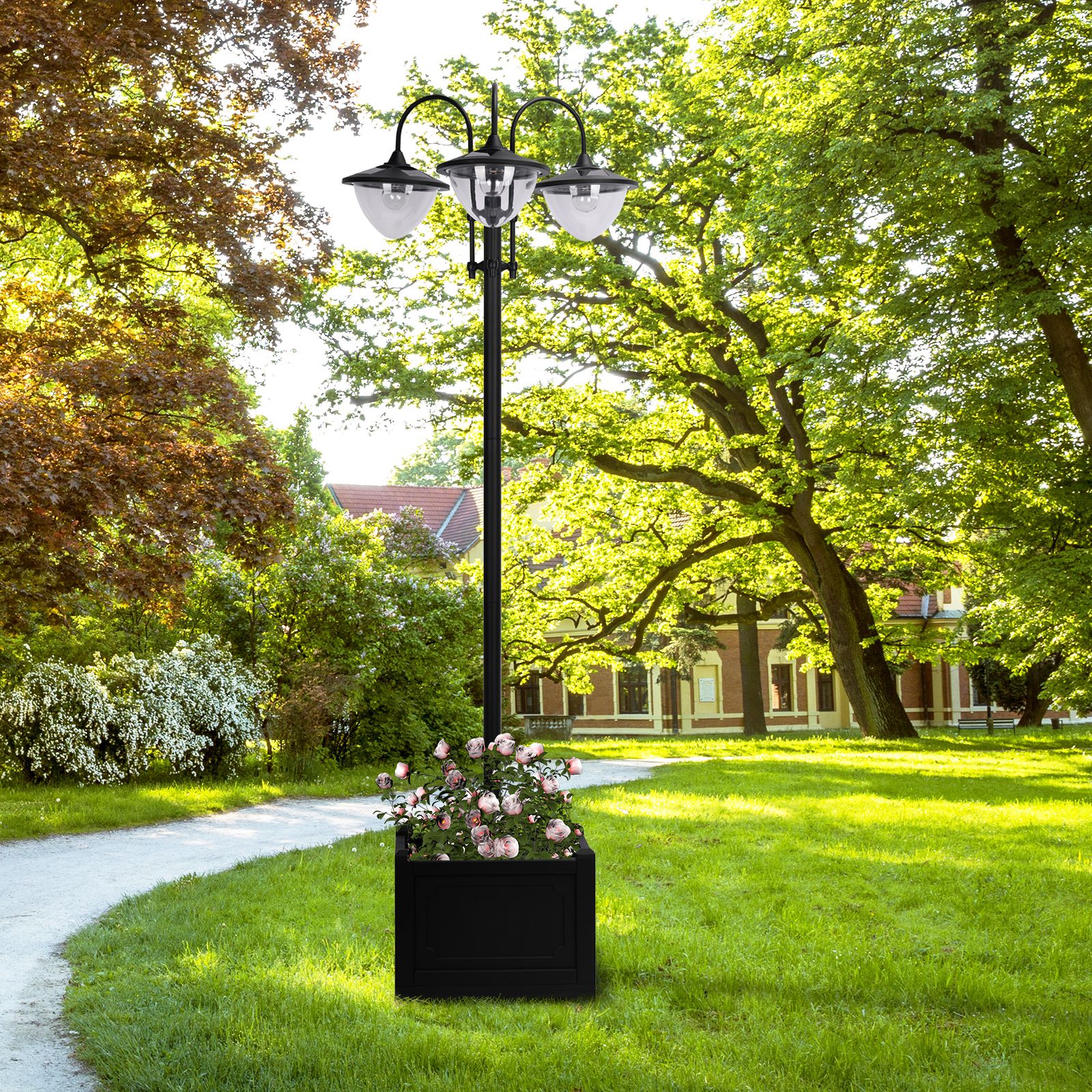 Solar Garden Lamp Post with Planter Base | Auto Dusk-to-Dawn | IP44 | 189cm | Black