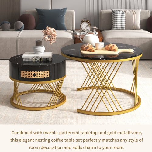 Modern Marble Effect Nesting Coffee Table Set with Gold Legs