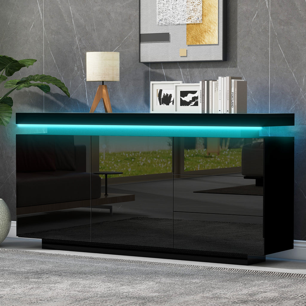 High Gloss LED Sideboard | 2 Doors & 3 Drawers | Push-to-Open | 140cm | Black