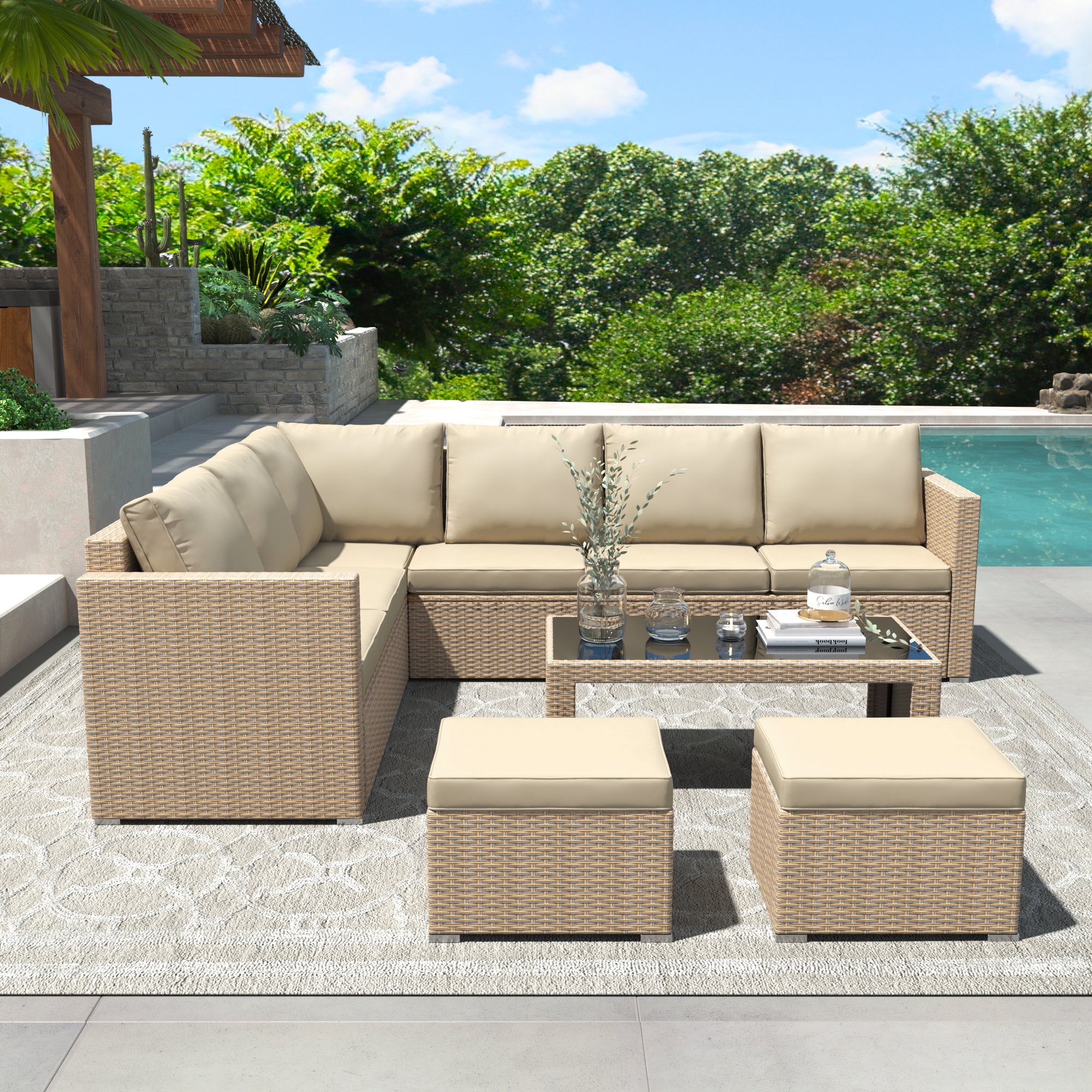 Luxury Rattan Garden Corner Sofa Set with Coffee Table