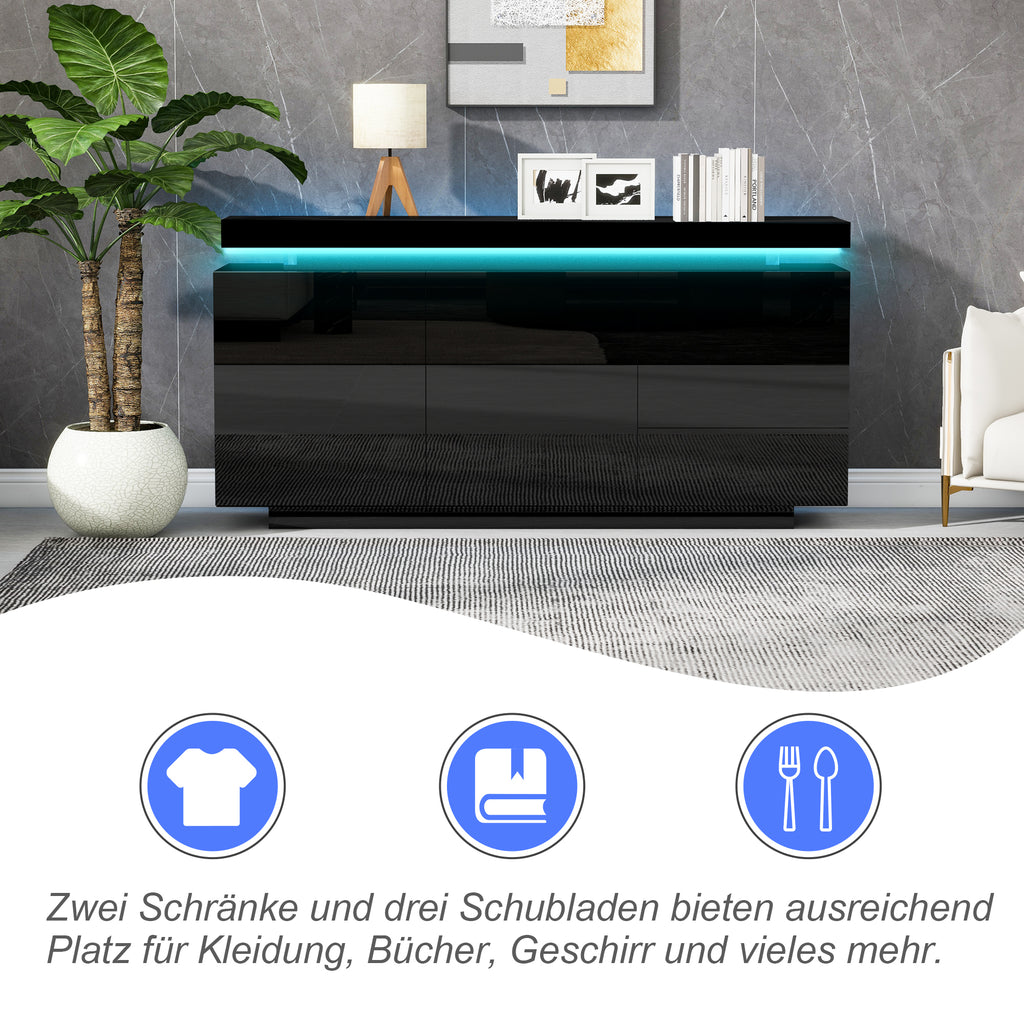 High Gloss LED Sideboard | 2 Doors & 3 Drawers | Push-to-Open | 140cm | Black