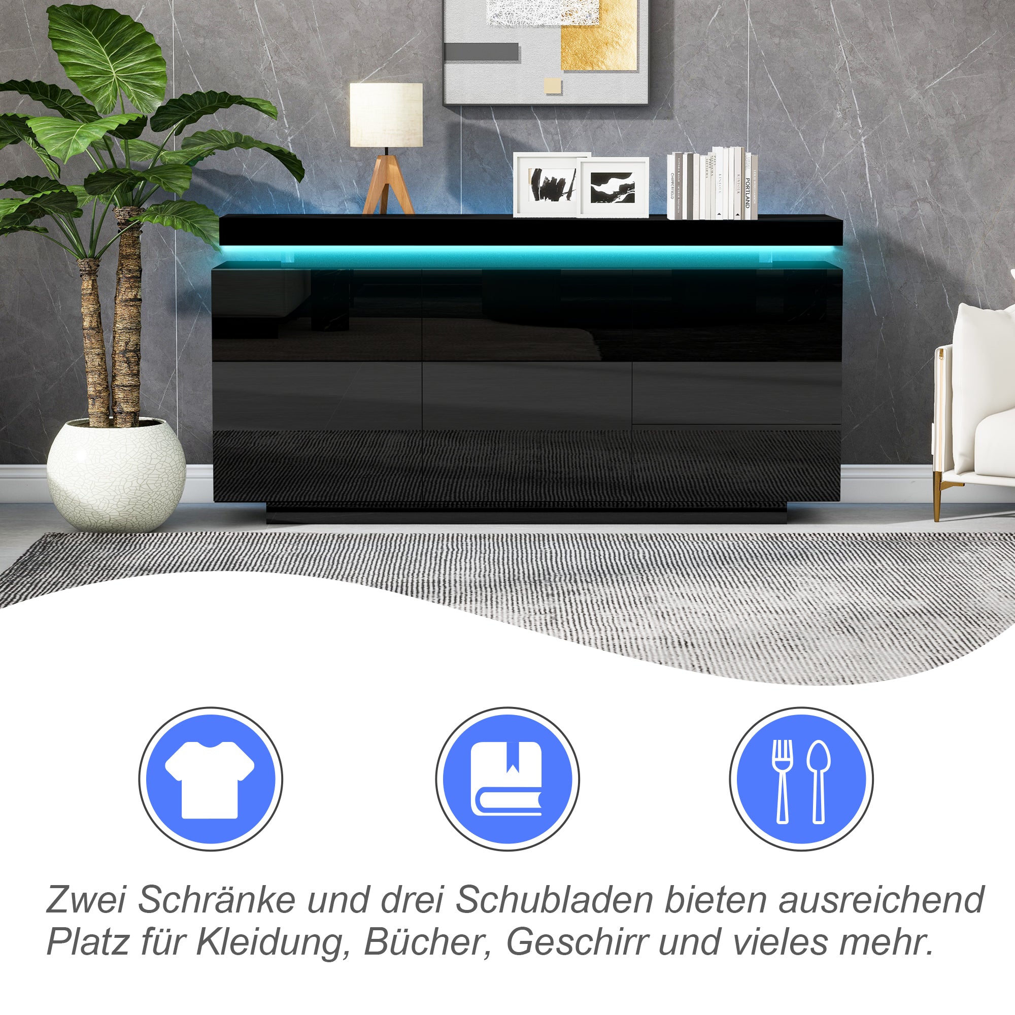 High Gloss LED Sideboard | 2 Doors & 3 Drawers | Push-to-Open | 140cm | Black