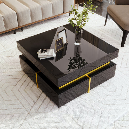 Luxury High-Gloss Coffee Table with Gold Accents & Drawers