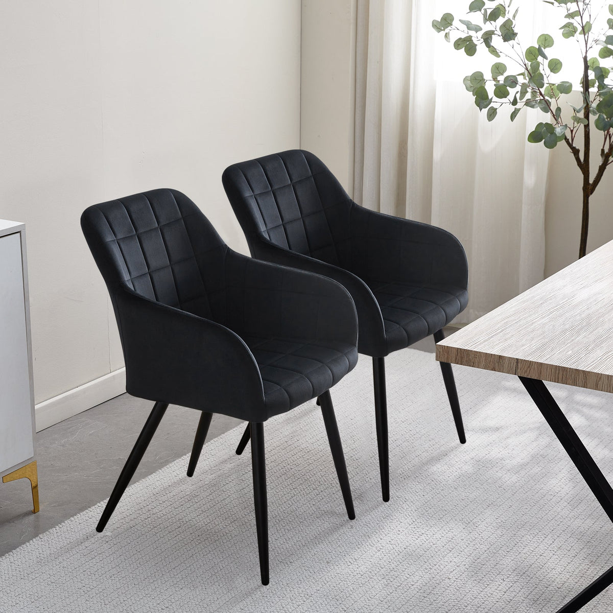 Bloor Velvet Dining Chairs | Set of 2 | Curved Arms | Black Metal Legs | 5 Colours