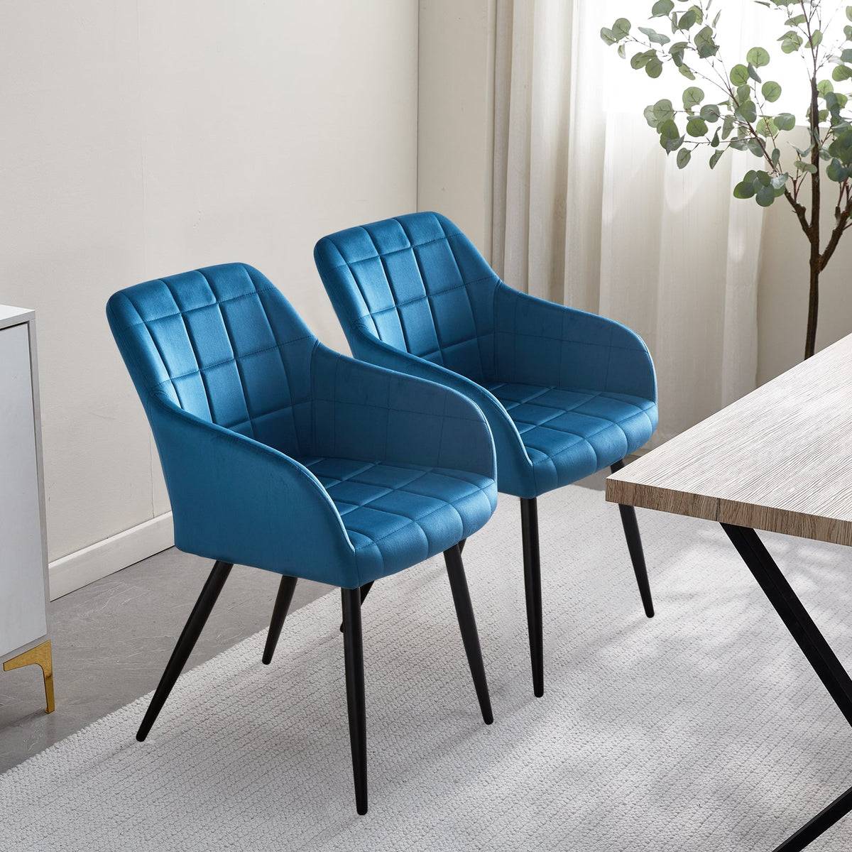 Bloor Velvet Dining Chairs | Set of 2 | Curved Arms | Black Metal Legs | 5 Colours