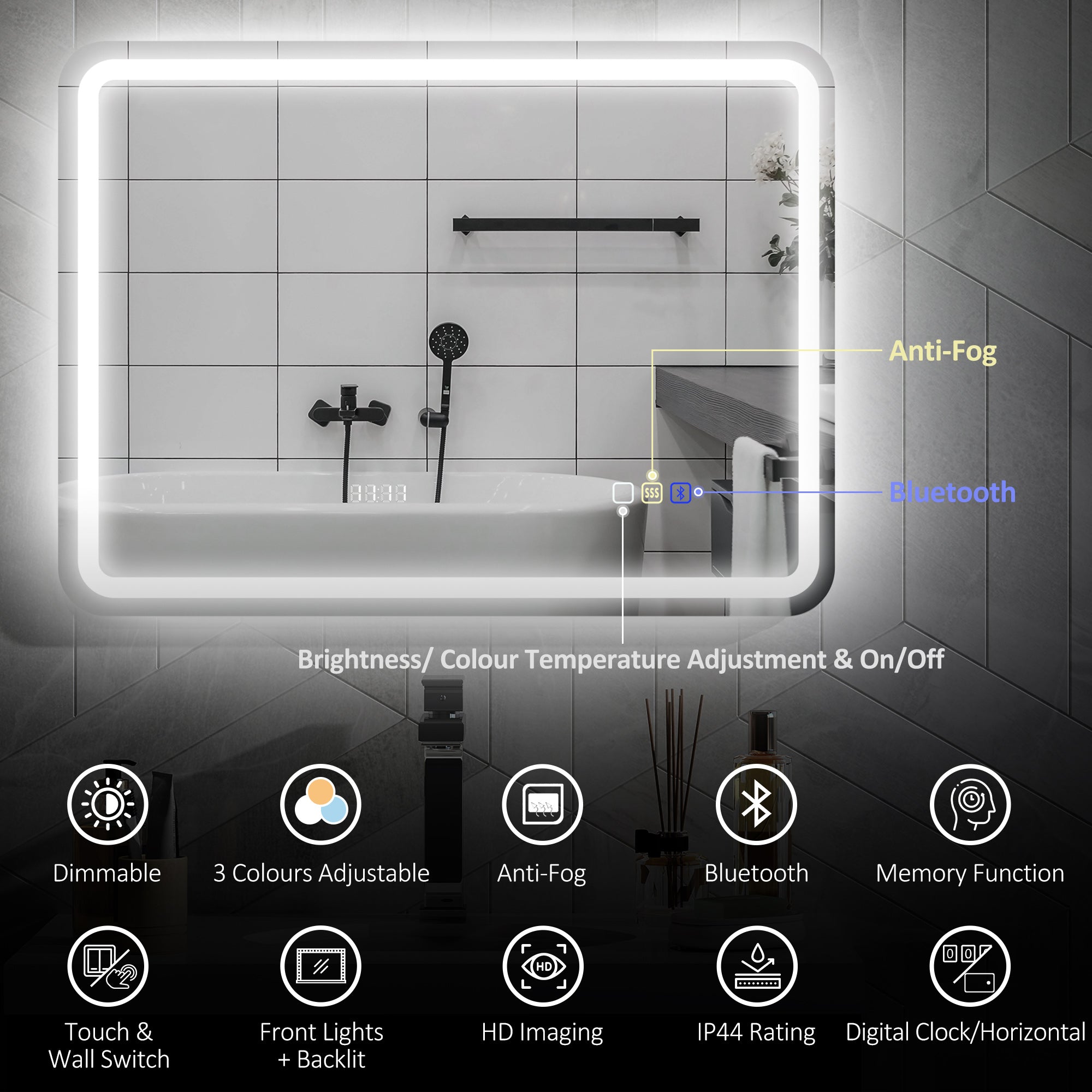 Luxury Smart LED Bathroom Mirror with Bluetooth & Anti-Fog 80x60cm