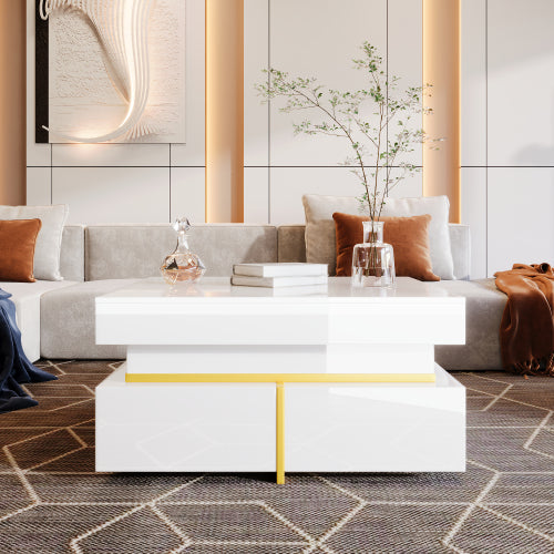 Luxury High-Gloss Coffee Table with Gold Accents & Drawers