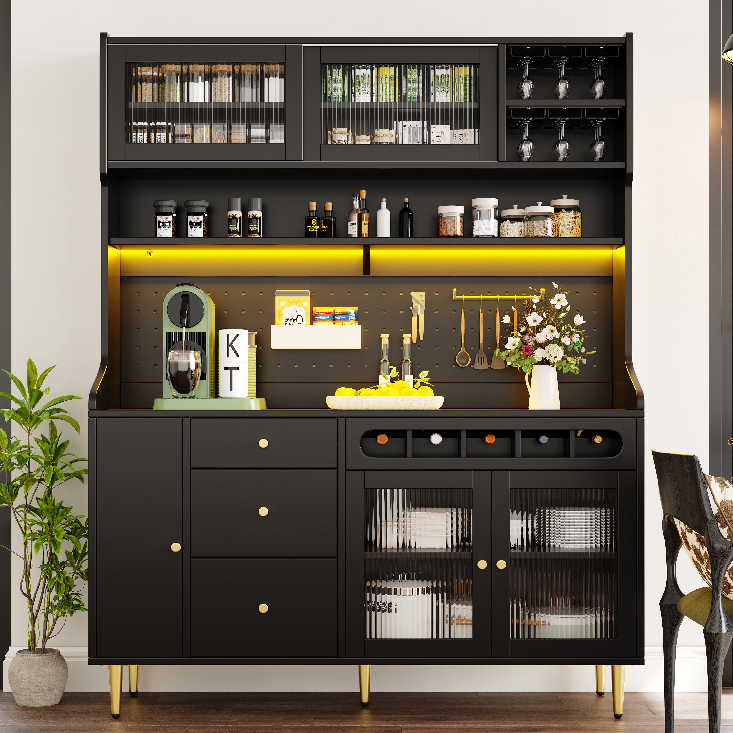 LED Storage Cabinet with Wine Rack & Glass Doors | App-Controlled Lighting | 145x39x171cm | Black