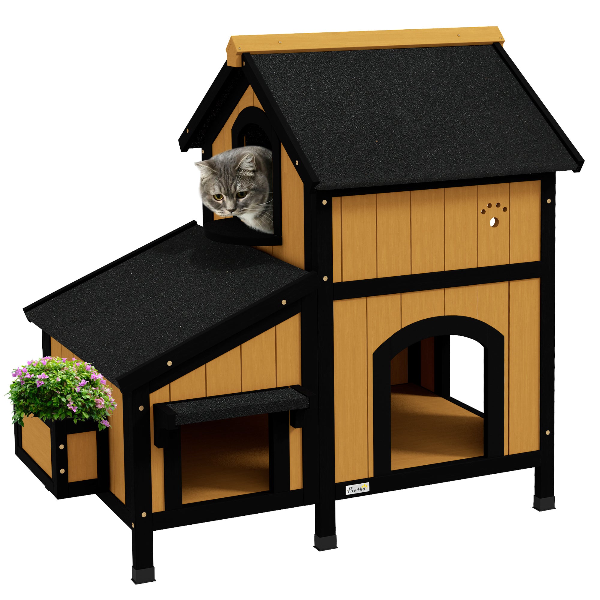 Premium Outdoor Wooden Cat House with Flower Box