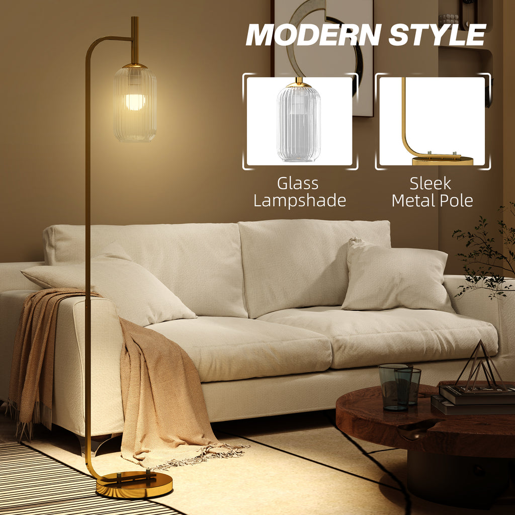 Gold Glass Floor Lamp | 3D Textured Shade | E27 | Foot Switch | 152cm | Gold Tone
