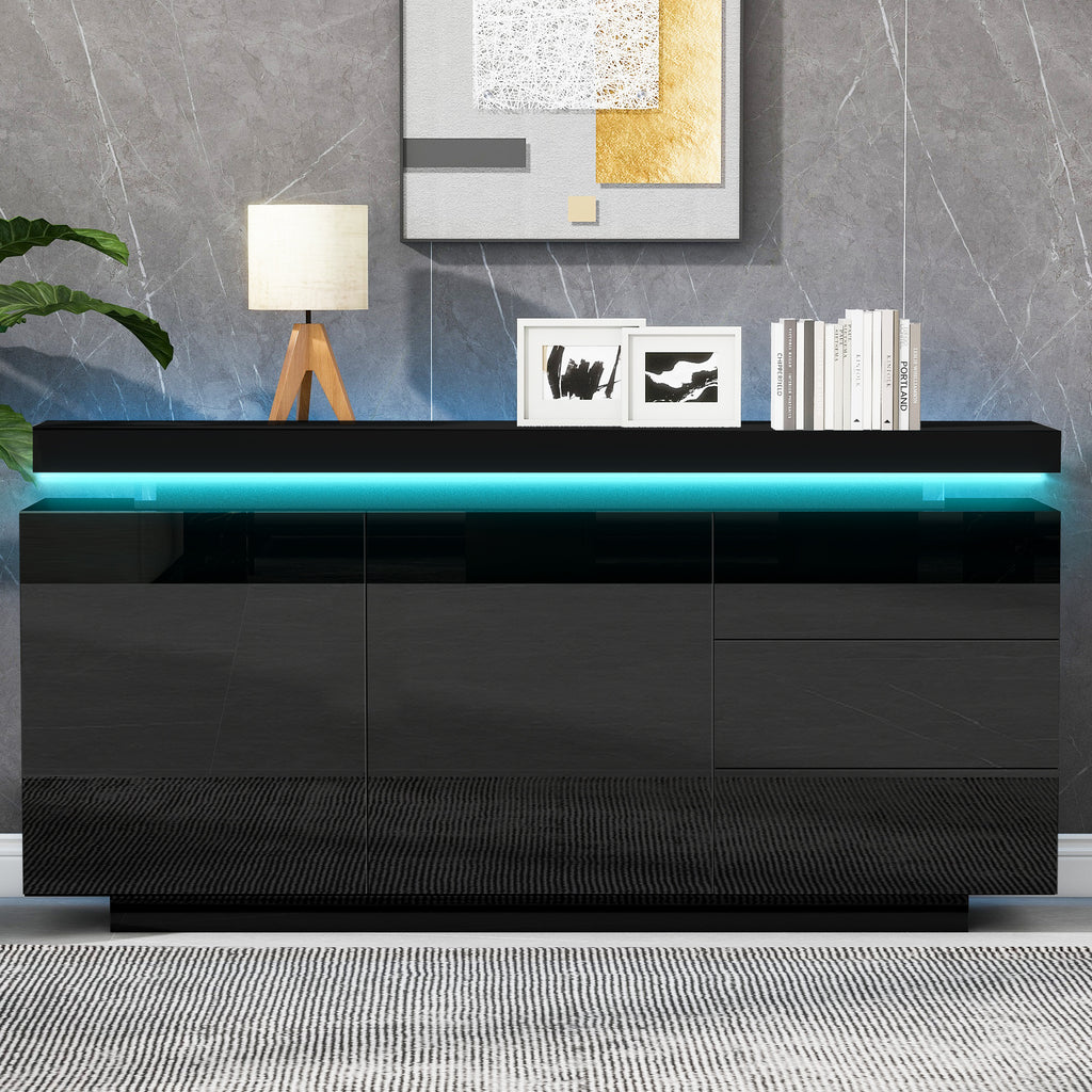 High Gloss LED Sideboard | 2 Doors & 3 Drawers | Push-to-Open | 140cm | Black
