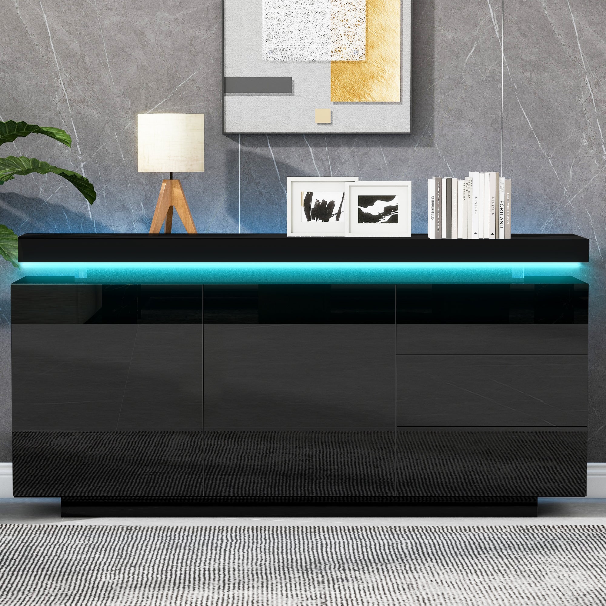 High Gloss LED Sideboard | 2 Doors & 3 Drawers | Push-to-Open | 140cm | Black