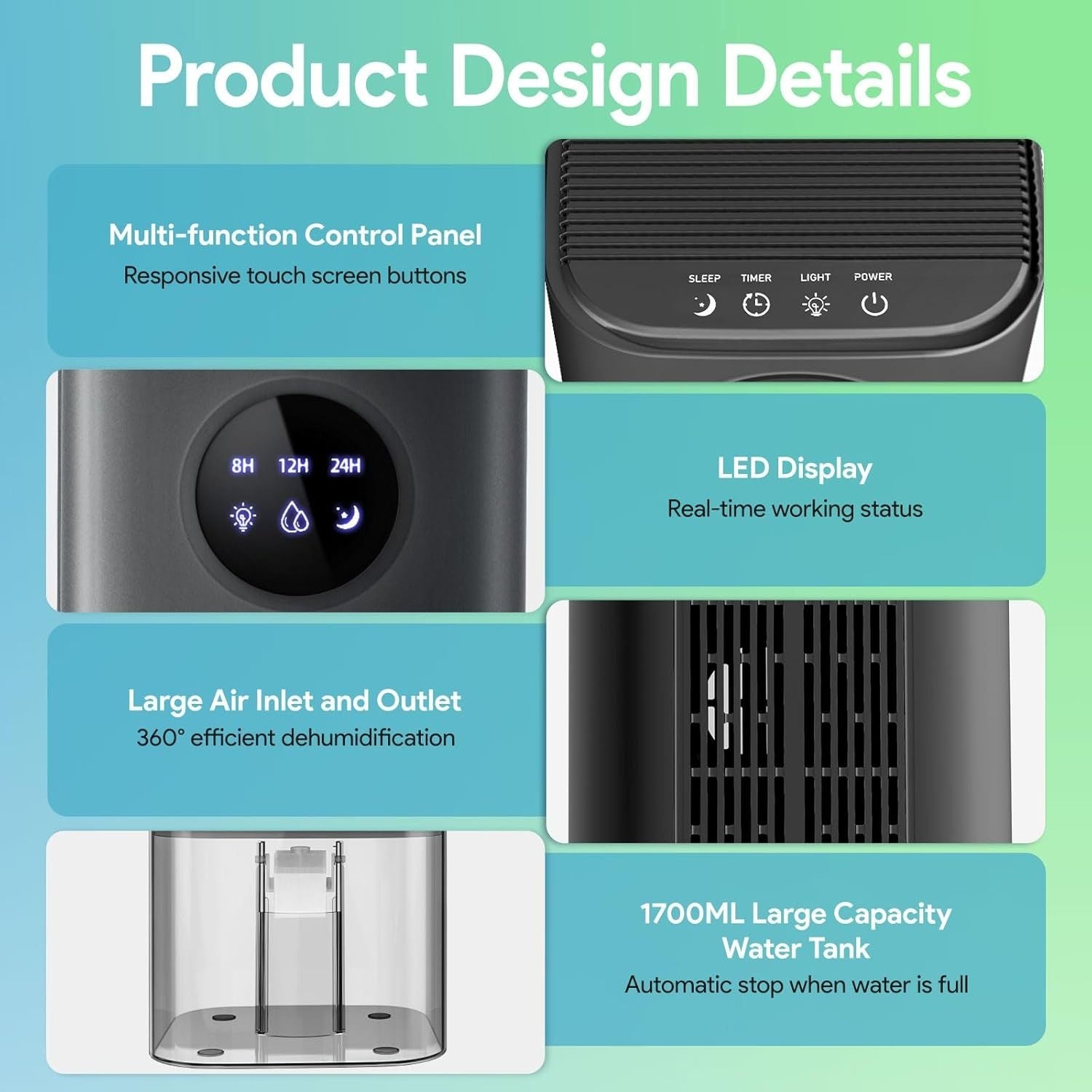 Ultra Quiet Portable Dehumidifier 1.7L with Timer & Night Light