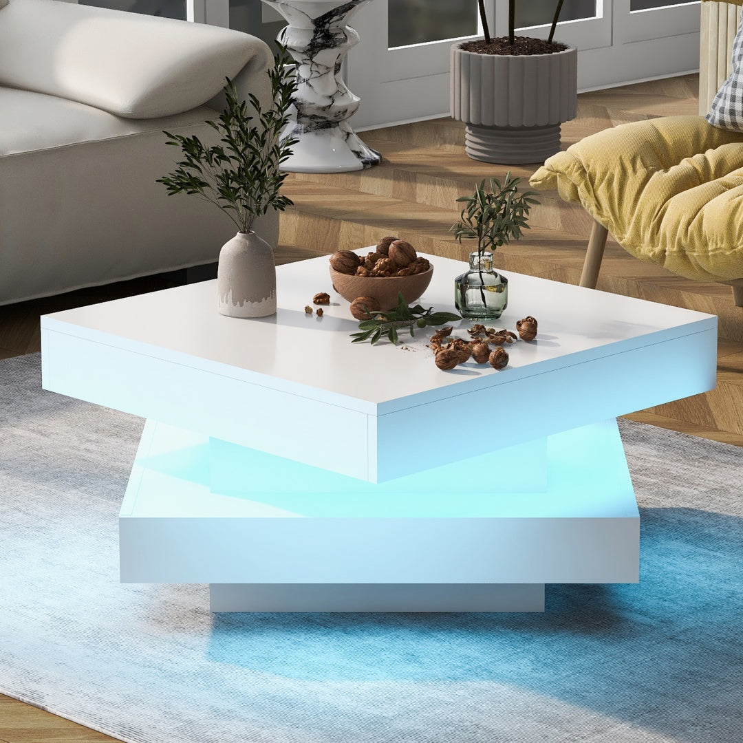 Modern High Gloss Coffee Table with 360° Rotating Top & LED Lights