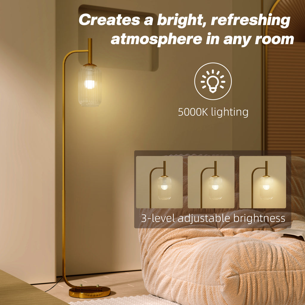 Gold Glass Floor Lamp | 3D Textured Shade | E27 | Foot Switch | 152cm | Gold Tone