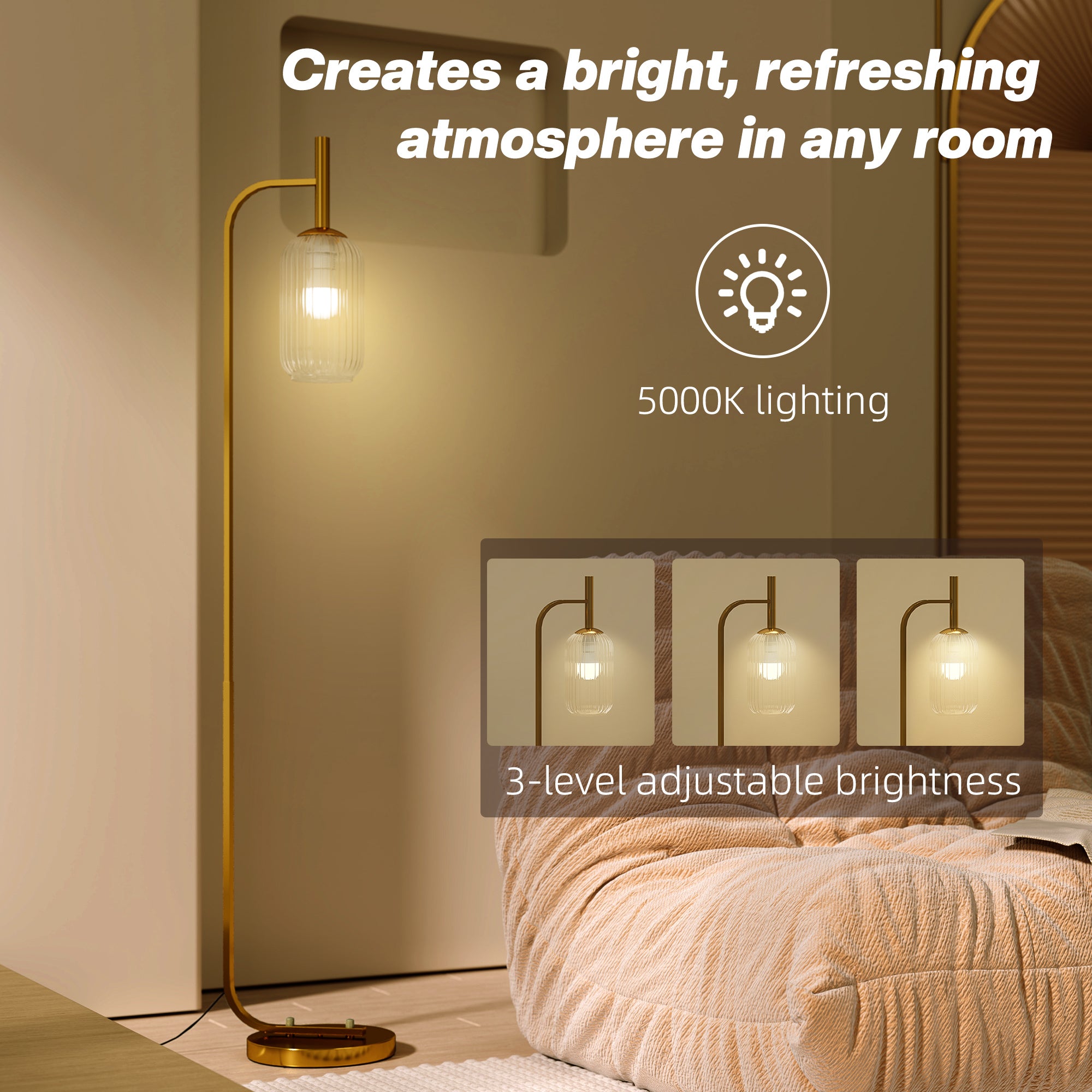 Gold Glass Floor Lamp | 3D Textured Shade | E27 | Foot Switch | 152cm | Gold Tone