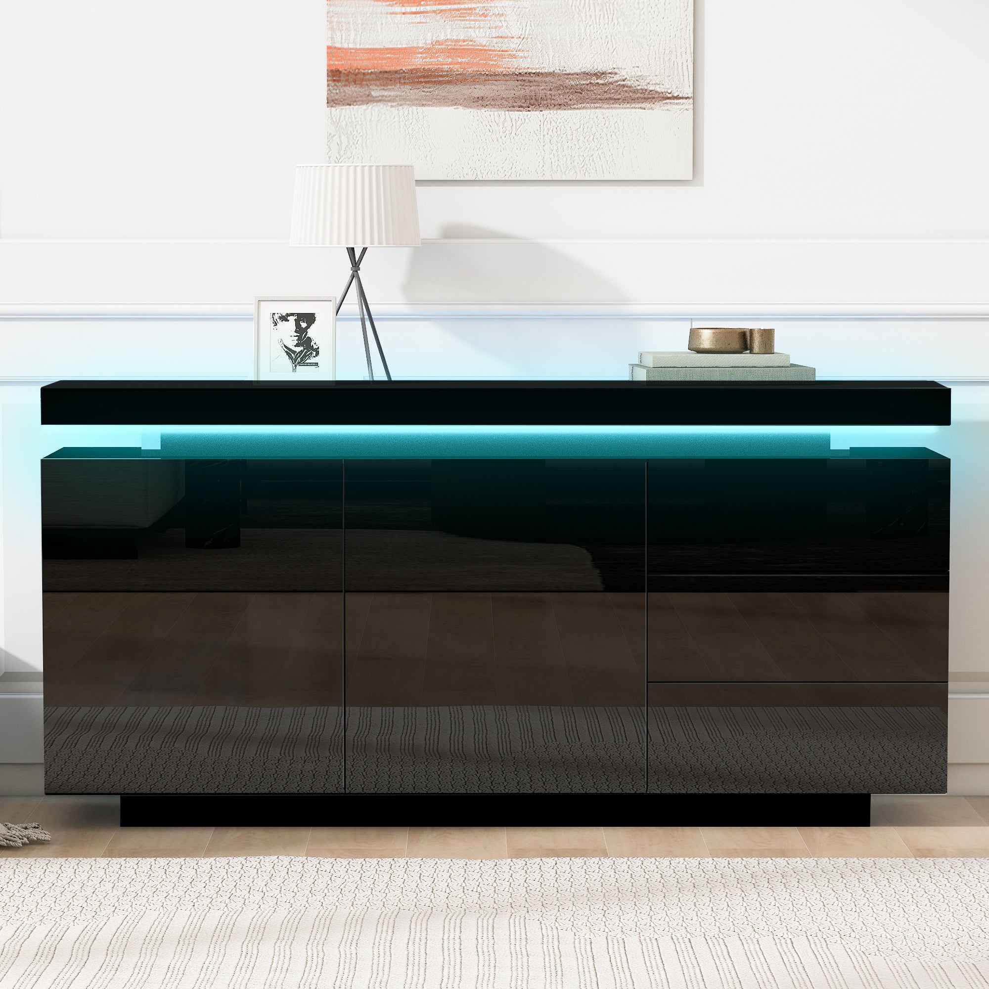 High Gloss LED Sideboard | 2 Doors & 3 Drawers | Push-to-Open | 140cm | Black