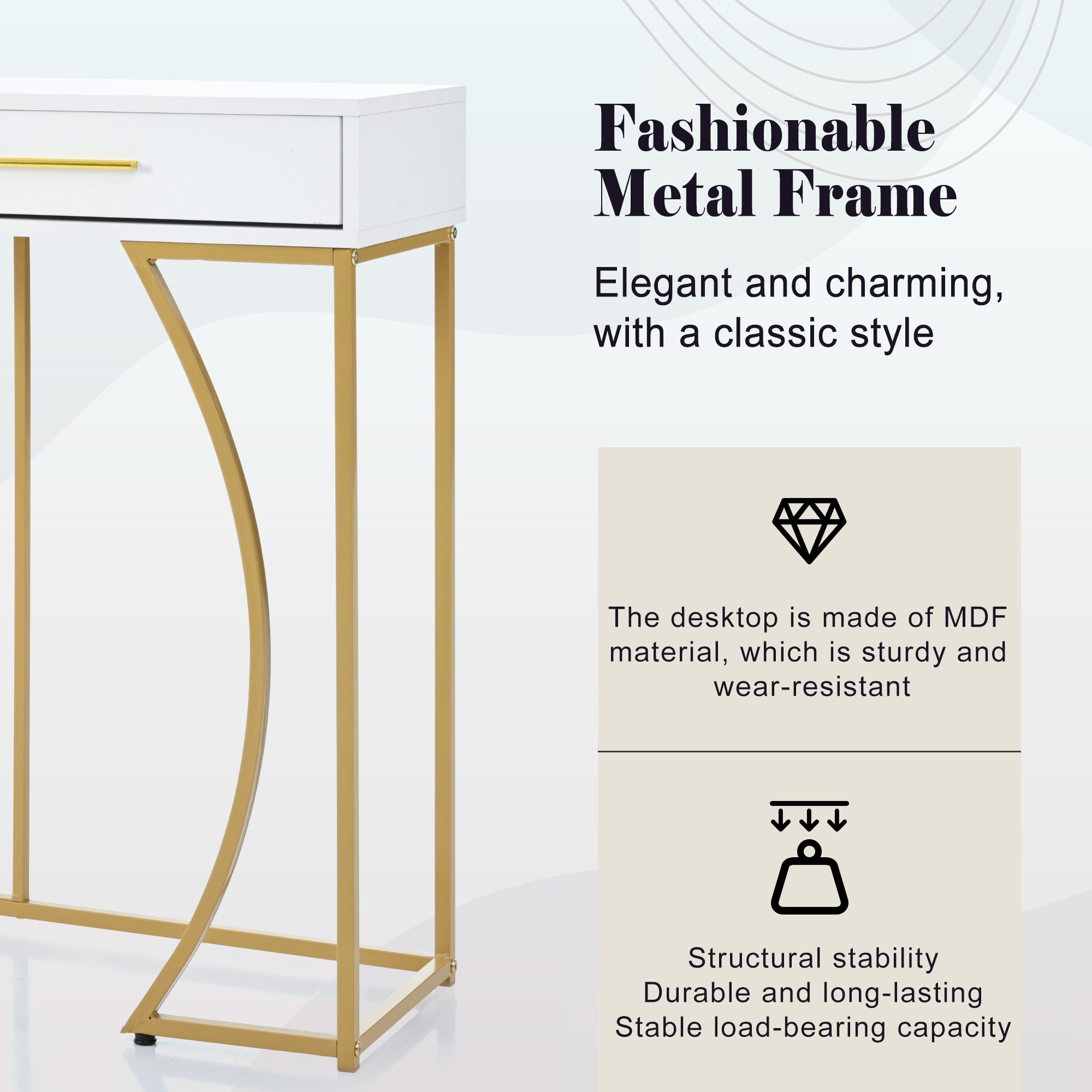 Luxury White & Gold Console Table with 2 Drawers 110cm