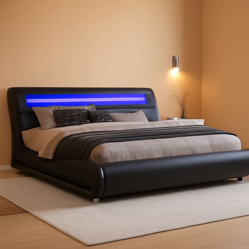 LED Platform Bed Frame | Black Faux Leather | Full Size