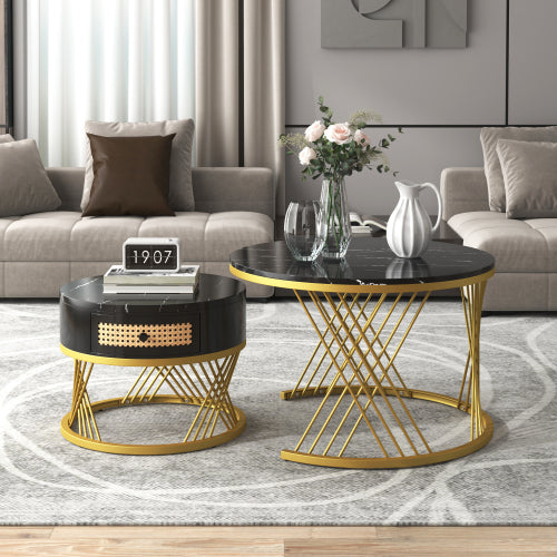 Modern Marble Effect Nesting Coffee Table Set with Gold Legs